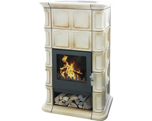Kaminofen Kachelofen DOMOFIRE Wels Keramik cremebraun 8 kW mit Wärmespeicher mit Holzfach